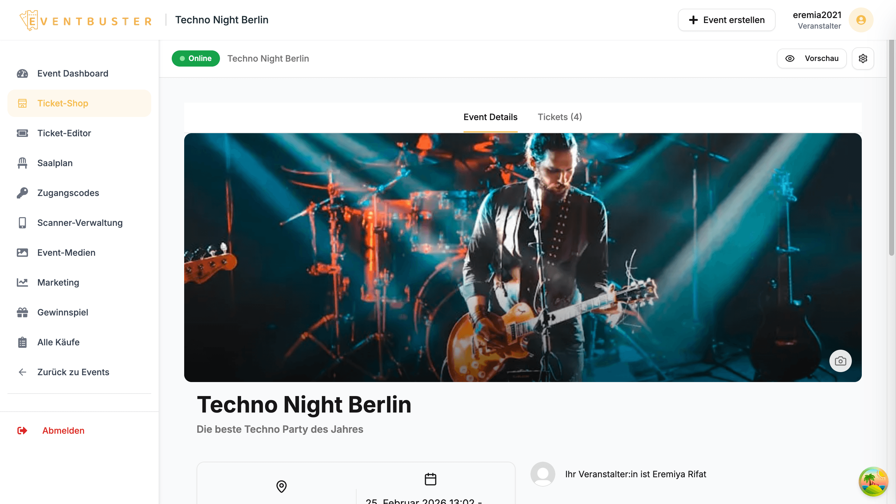 EventBuster Shop-Editor mit Event-Details und Tickettypen