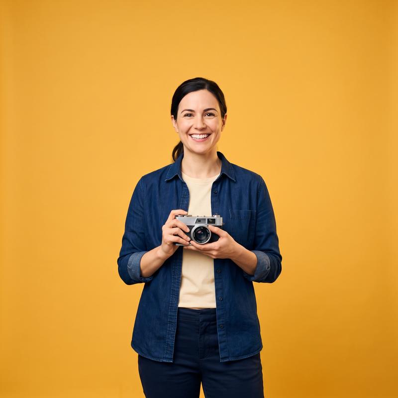 Fotografin mit Kamera vor goldenem Hintergrund